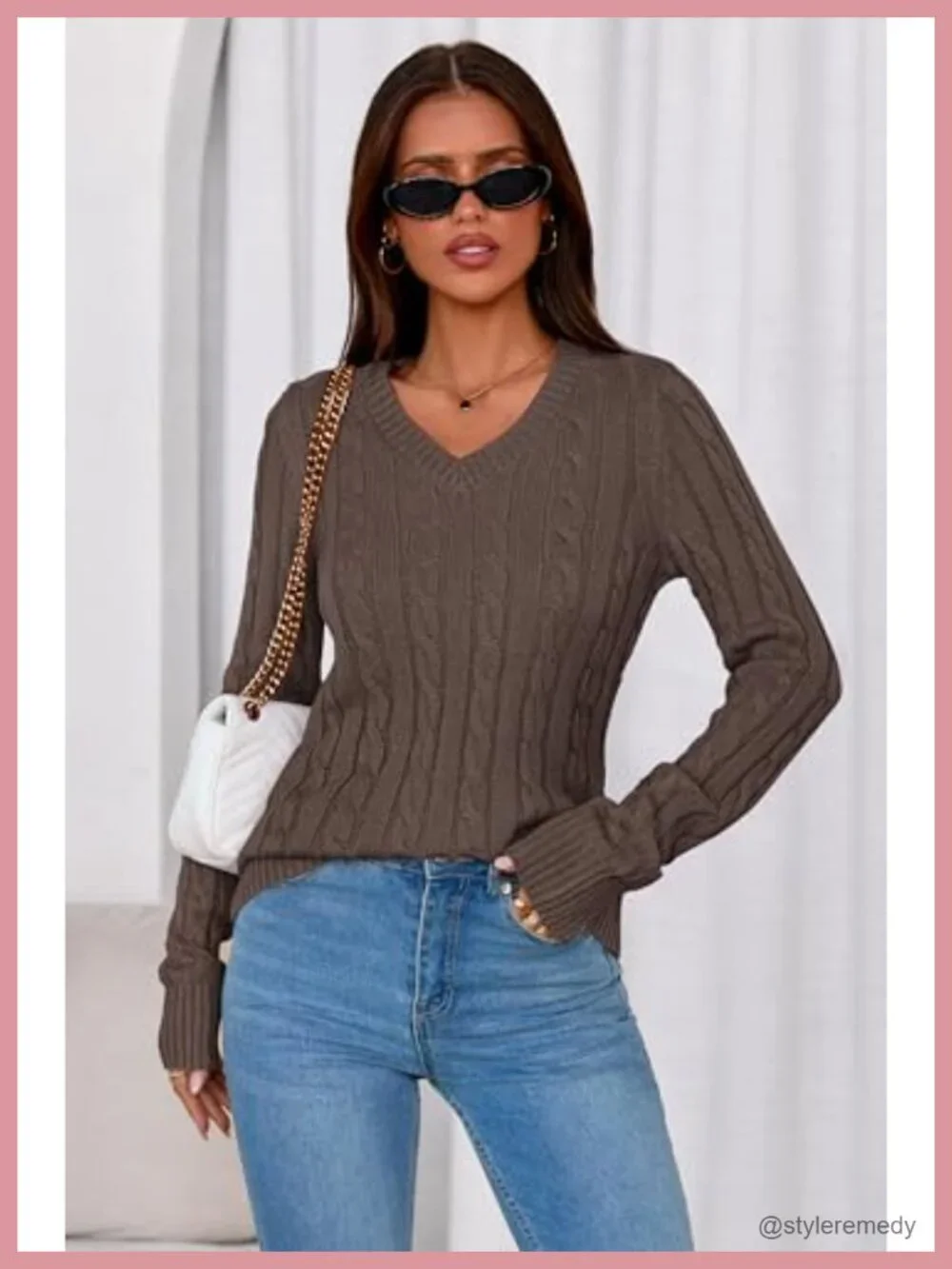 PRETTYGARDEN Cable Knit Sweater for Women V-Neck Long Sleeve Slim Fit Pullover